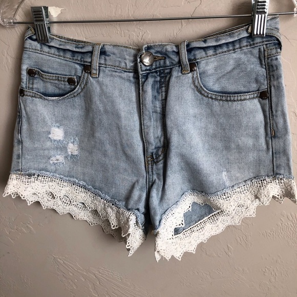 Free People Distressed Crochet Denim Shorts - Picture 2 of 13